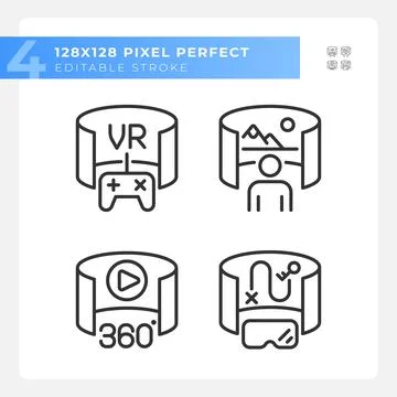 Pixel perfect black VR, AR and MR icons set 스톡 일러스트