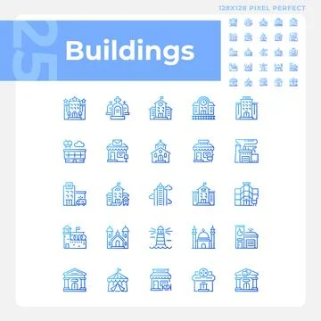 Pixel perfect blue gradient building icons set Stock Illustration