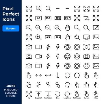 Pixel perfect icon set for screen, camera, and interface controls, featurin.. Stock Illustration