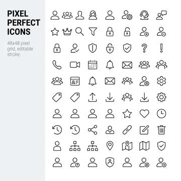 Pixel perfect icon set for web and mobile applications, featuring user prof.. Stock Illustration