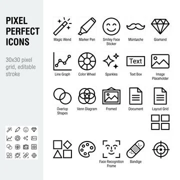 Pixel Perfect Icons Set: Magic Wand, Marker Pen, Smiley Face, Mustache, Dia.. Stock Illustration