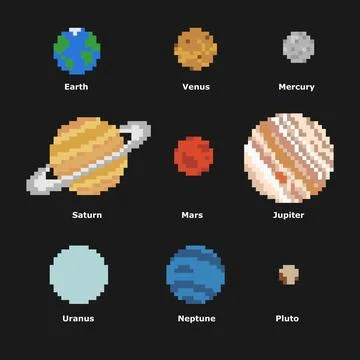 Pixel planet pack image. Pixel art vector illustration. Stock Illustration