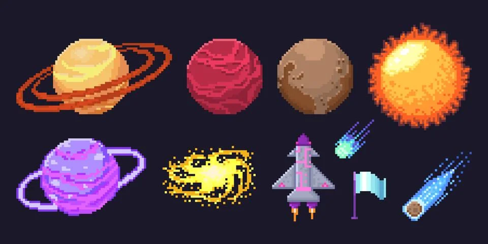 Pixel planet set for space game assets Stock Illustration