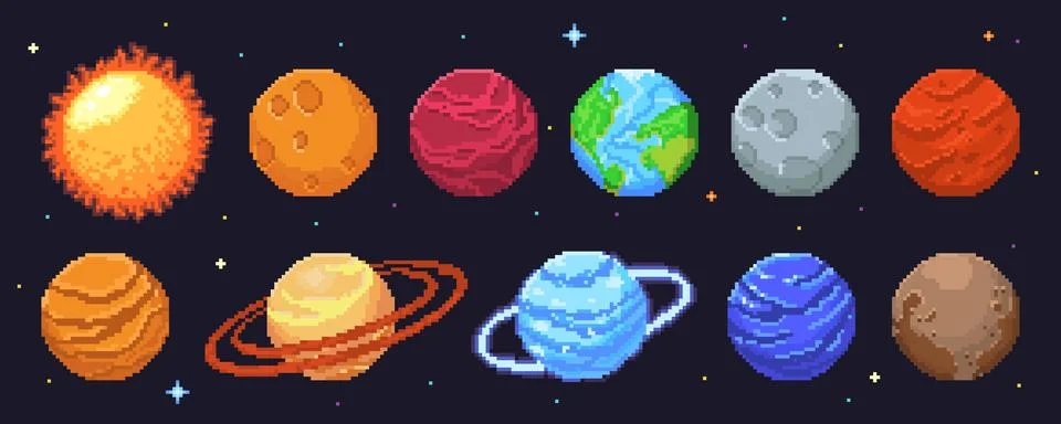 Pixel planet solar system set for space game Stock Illustration