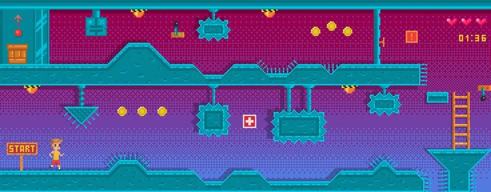 Pixel platformer with different obstruction. Background for game application. Stock Illustration