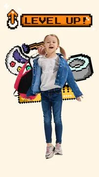 Pixel pop school collage. Joyful girl jumping excitedly with a backpack Stock Photos