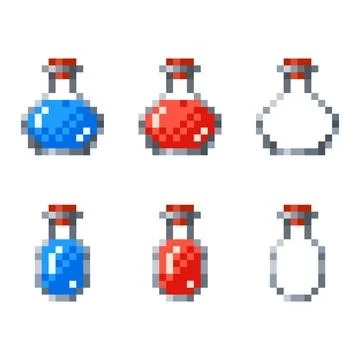 Pixel potions set. Blue flask for mana, Red elixir for health and empty bottle Stock Illustration