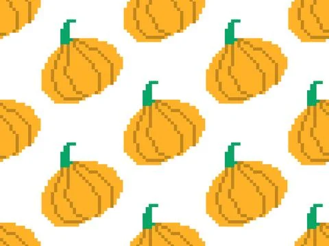 Pixel pumpkins seamless pattern. Autumn background with pumpkins in 8-bit r.. Stock Illustration