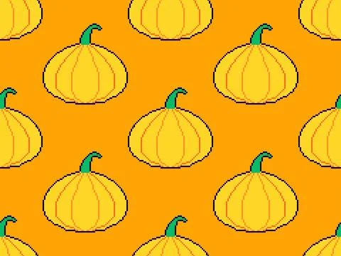 Pixel pumpkins seamless pattern. Autumn background with pumpkins in 8-bit r.. Stock Illustration