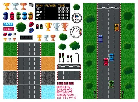 Pixel race, arcade game top view, 8 bit car racing Stock Illustration