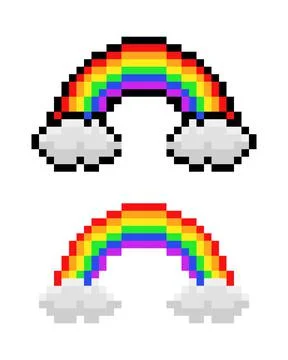 Pixel rainbow and clouds image. Vector Illustration of pixel art. Illustrazione stock
