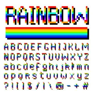 Pixel rainbow font. 8-bit symbols. Digital video game style. letters and numbers Illustrazione stock