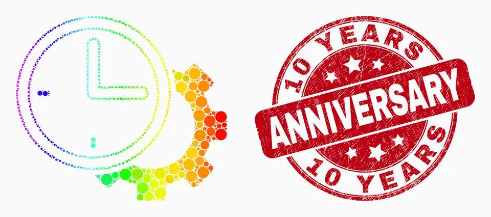 Pixel rainbow gradiented time settings gear mosaic icon and 10 Years Annivers Stock Illustration