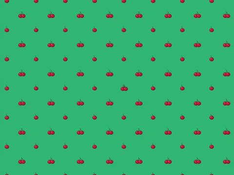 Pixel red cherry on green background - high res 8 bit seamless pattern Stock Photos