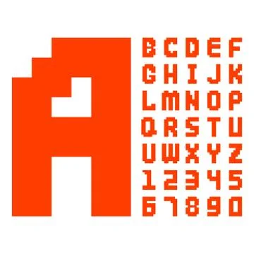 Pixel retro font red computer game design 8 bit letters numbers electronic Stock Illustration