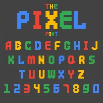 Pixel retro font video computer game design 8 bit letters numbers electronic Stock Illustration