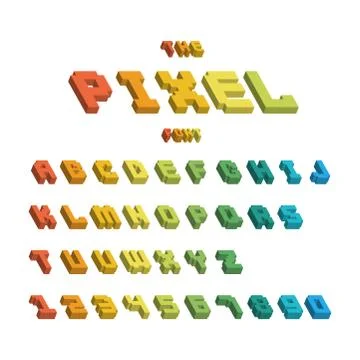 Pixel retro font video computer game design 8 bit letters numbers electronic Stock Illustration