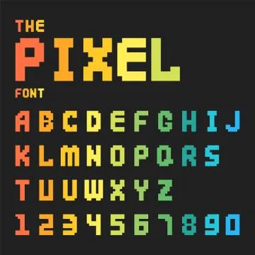 Pixel retro font video computer game design 8 bit letters numbers electronic Stock Illustration