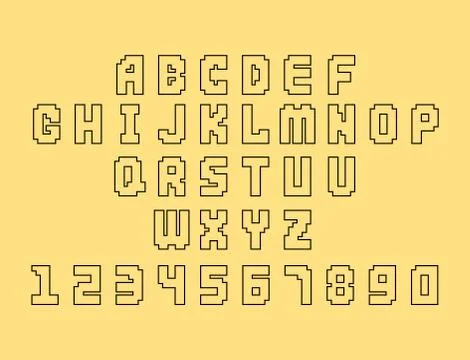 Pixel retro font video computer game design 8 bit letters numbers electronic Stock Illustration