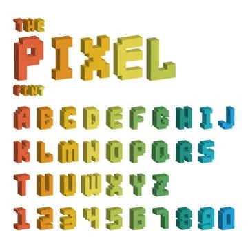 Pixel retro font video computer game design 8 bit letters numbers electronic Stock Illustration