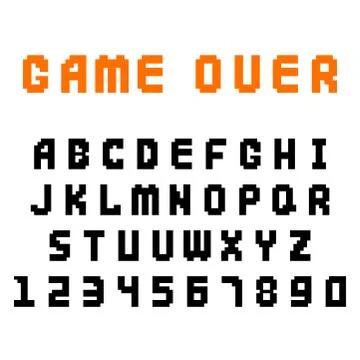 Pixel retro font video computer game design 8 bit letters numbers electronic Stock Illustration
