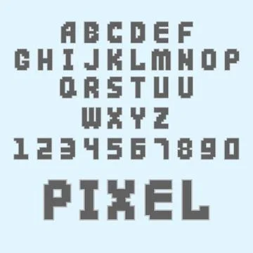Pixel retro font video computer game design 8 bit letters numbers electronic Stock Illustration