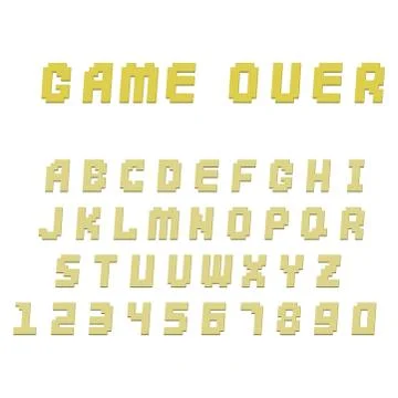 Pixel retro font video computer game design 8 bit letters numbers electronic Stock Illustration