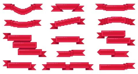 Pixel ribbons. Red 8 bit game assets, blank vintage banners, retro play design Stock Illustration