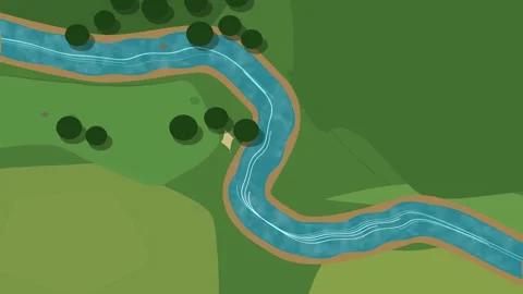 Pixel river animation, loop, landscape, nature, water, flow, green, trees, map, Stock Footage 346740241