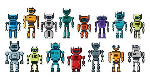 Pixel robot characters, 8 bit cartoon androids Illustrazione stock