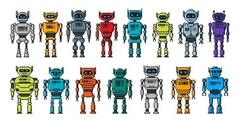 Pixel robot characters, cartoon android cyborgs Illustrazione stock