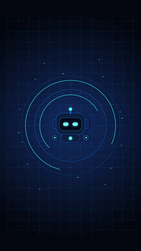 Pixel robot face animation with rotating digital data rings, futuristic int.. Stock Footage 348343798