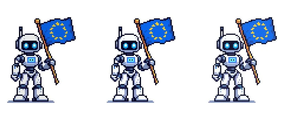 Pixel robot with a flag. Illustrates technology, robotics and European iden.. Stock Illustration