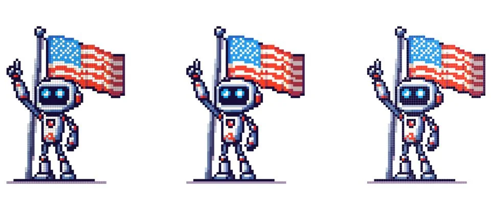 Pixel robot with a flag. Illustrates technology, robotics and identity in a p Stock Illustration