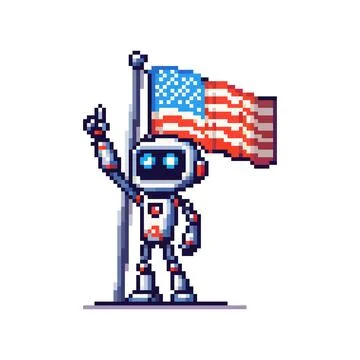 Pixel robot with a flag. Illustrates technology, robotics and identity in a p Stock Illustration