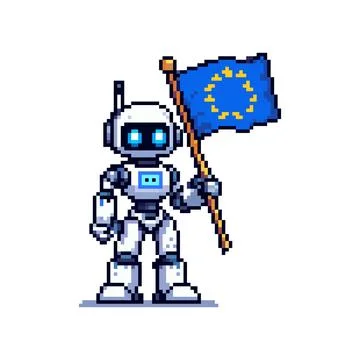 Pixel robot with a flag. Illustrates technology, robotics and European iden.. Stock Illustration
