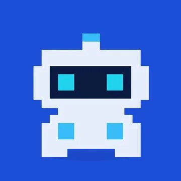 Pixel robot mascot icon on solid blue background, cute retro bot with glowing Stock Illustration