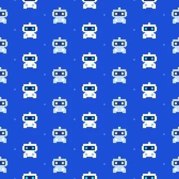 Pixel robot seamless pattern in retro 8-bit style, white and light blue cute Stock Illustration