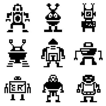 Pixel robots Stock Illustration