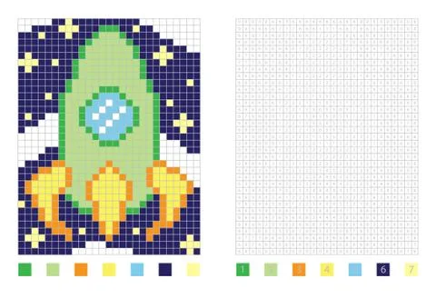 	Pixel rocket in the coloring page with numbered squares Stock Illustration
