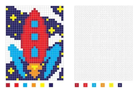 	Pixel rocket in the coloring page with numbered squares Stock Illustration