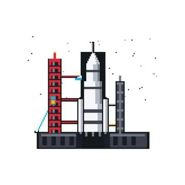 Pixel Rocket on Launch Platform with Red Gantry Vector Illustrazione stock
