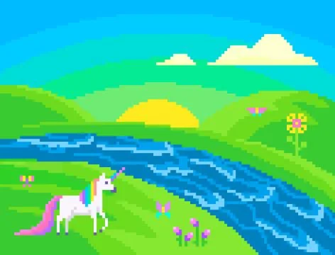 Pixel scene with a unicorn. Stock Illustration
