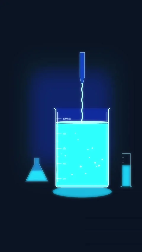 Pixel science lab beaker liquid animation dropping glowing blue fluid Stock Footage 346552777