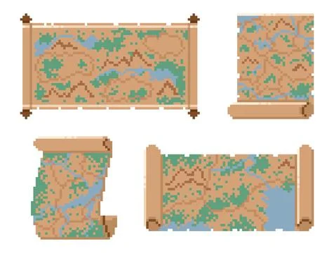 Pixel scroll maps. Ancient papyrus with locations, 8 bit retro game asset Stock Illustration