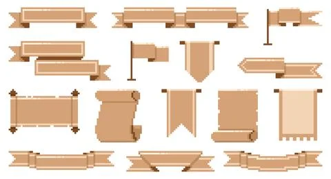 Pixel scrolls. Vintage papyrus, empty ribbons, flags, retro video games assets Stock Illustration