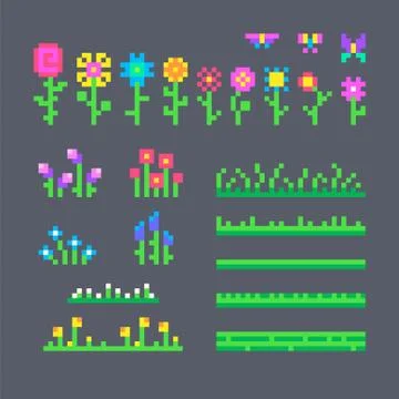 Pixel set of different flowers 스톡 일러스트