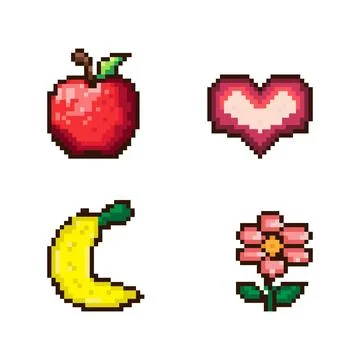 Pixel set. A set of symbols for games. pixel apple, banana, flower, heart Stock Illustration