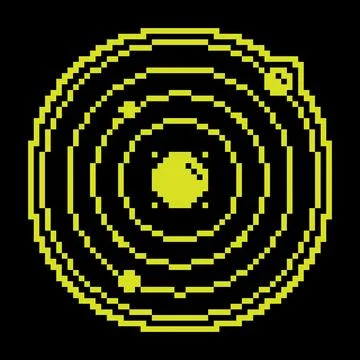 Pixel silhouette icon. Abstract model of solar system. Planets revolve in o.. Illustrazione stock