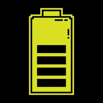 Pixel silhouette icon. Dropping battery power. Energy storage in energy eff.. Stock Illustration